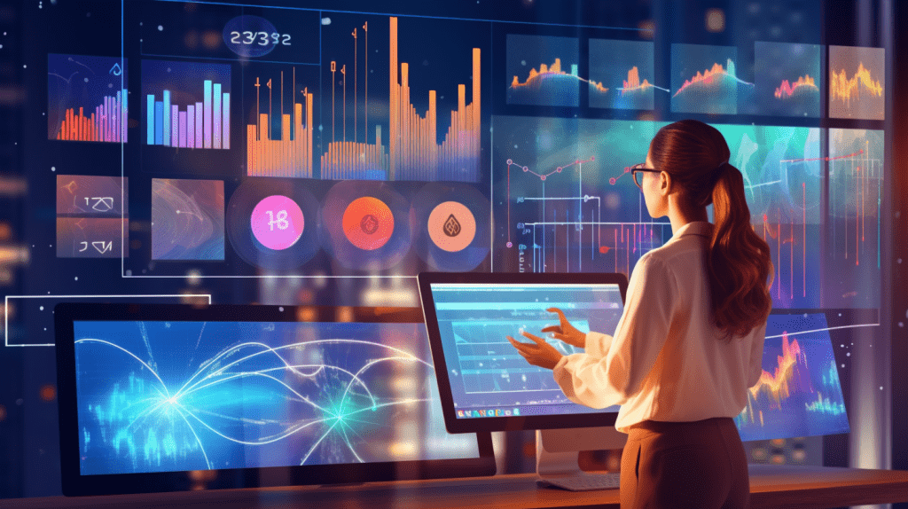 Data-analytiikka. Dashboard näkymä ja visuaaleja. Kuva tehty Midjourneylla.