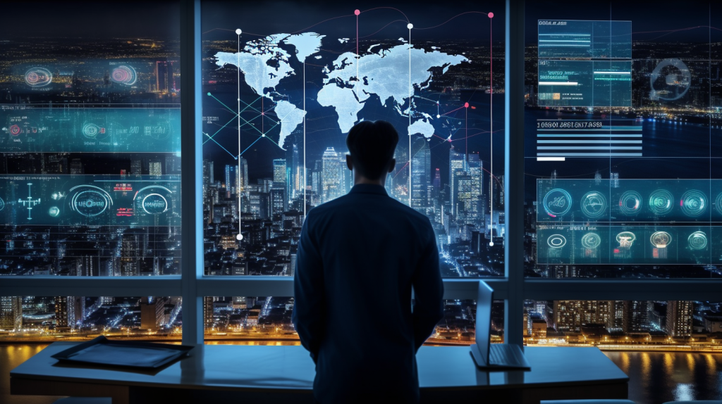 Data-analytiikka. Dashboard näkymä ja visuaaleja Kuassa pohditaan haasteita ja mahdollisuuksia. Kuva tehty Midjourneylla.