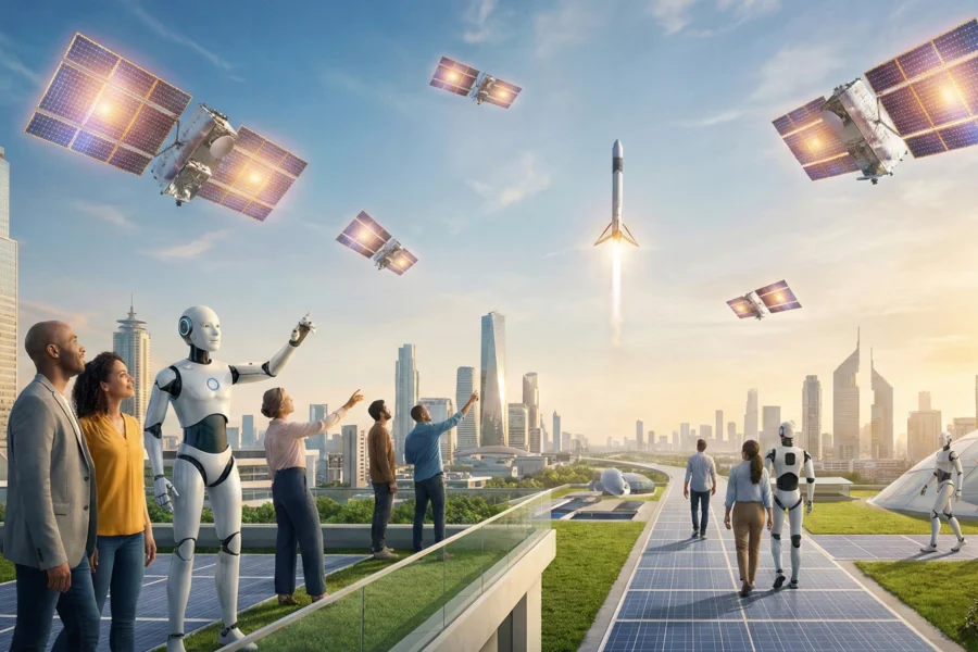 Elon Musk Davosissa: Avaruuteen aurinkovoimalla toimivia datakeskuksia ja robotteja koteihin