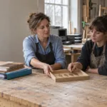 A founder and employees discuss an AI-assisted workflow around a shared table in a small business office.