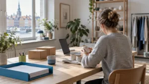 Un entrepreneur travaille sur son ordinateur avec un assistant IA qui automatise ses emails et son agenda.