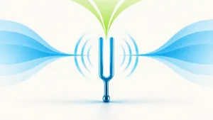 Imprenditore sul palco parla con energia davanti al pubblico, con un'immagine simbolica di un diapason che vibra di luce dietro di lui.
