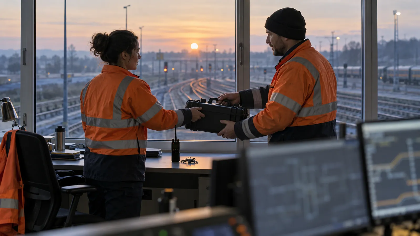 Twee spoorwegmedewerkers dragen in een controlekamer een koffer over, met sleutels en een radio op tafel.