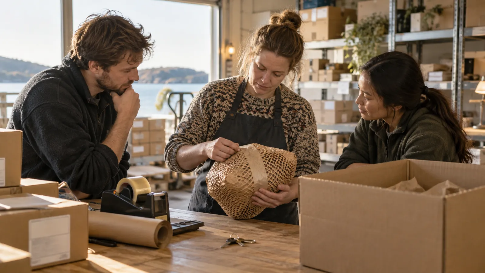 Drie collega’s bekijken samen een bestelling aan een inpaktafel en bespreken hoe een bijzonder pakket moet worden verwerkt.