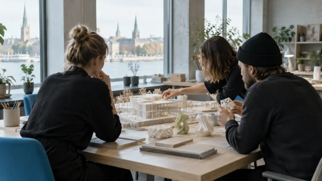 RISEBA 3D foruma runātājs uzstājas universitātes auditorijas skatuvē siltā gaismā klausītāju priekšā