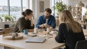 Finansperson i moderne analyserom omgitt av dataskjermer som symboliserer samspillet mellom menneske og maskin