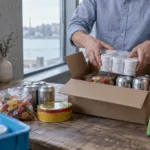 Ung entreprenör i ett lager fullt av exportlådor med snus och godis redo att skickas till USA