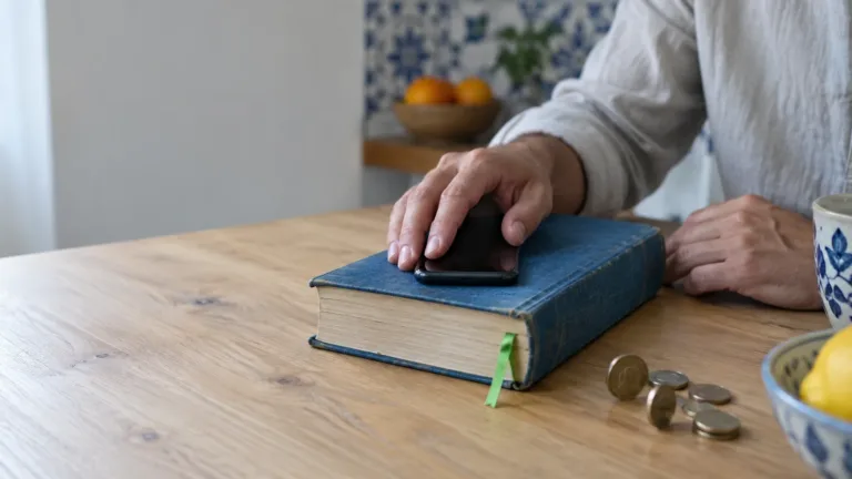 Pessoa a ler um livro clássico sobre investimento numa mesa de madeira, com um gráfico financeiro discreto ao fundo, representando a disciplina do investidor inteligente.