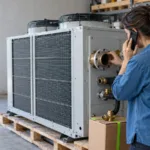 Angajată a unui magazin online de instalații termice verificând o comandă lângă rafturi cu echipamente HVAC