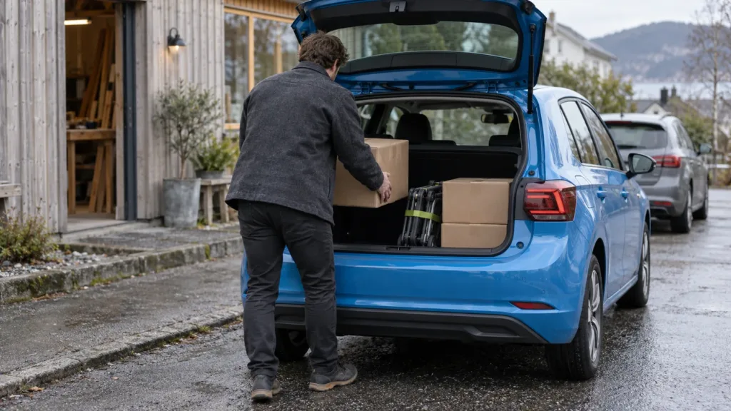 Liten elektrisk bil lades ved gatekant i en norsk by, med fjell i bakgrunnen