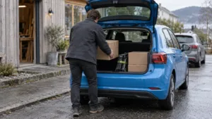 Liten elektrisk bil lades ved gatekant i en norsk by, med fjell i bakgrunnen