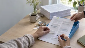 Entrepreneur editing an AI-written article by hand before publishing it