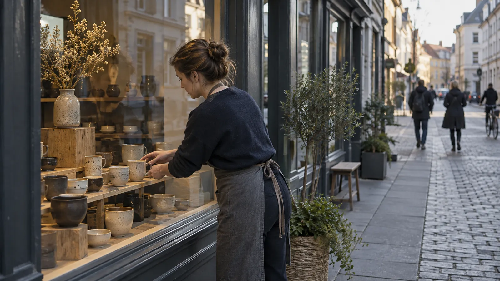 En butiksejer retter keramikkopper ved butikkens vindue, mens to fodgængere går langs gaden i baggrunden.