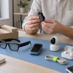 Flach fotografierte Nahaufnahme mehrerer kleiner KI-Gadgets wie Mini-Übersetzer und smarte Taschenlampe auf einem hellen Schreibtisch, daneben liegt eine Lupe.
