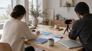 Jonge ondernemer bekijkt videostatistieken en contentplanning op een laptop in een thuisstudio, als beeld bij het bouwen van een leadmachine met content.