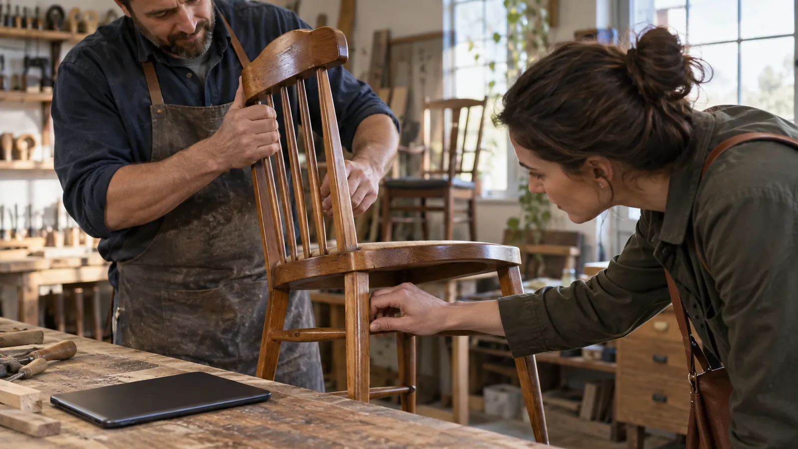Une cliente examine l’assemblage d’une chaise restaurée pendant qu’un artisan lui montre la qualité de la réparation.