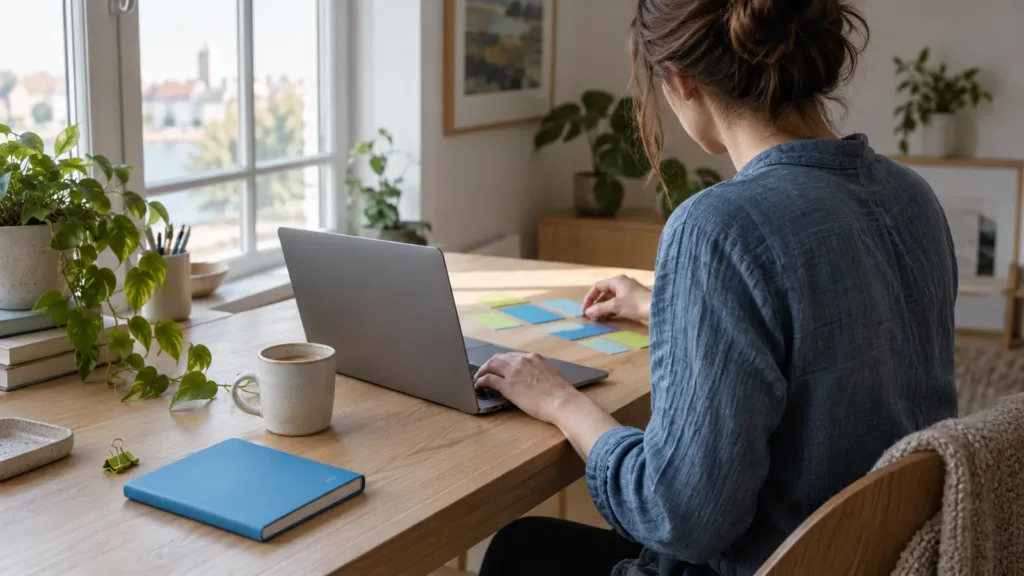 Iværksætter planlægger en YouTube-video ved et skrivebord med kamera, ringlys og en AI-chatassistent åben på laptopskærmen