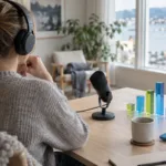 Två podcastvärdar i en studio med ljudvågor och datagrafik i bakgrunden som symboliserar attention och effekt i podcastreklam.