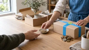 Antreprenor analizează un dashboard cu date de marketing afiliat și ROAS pe laptop, într-un birou modern