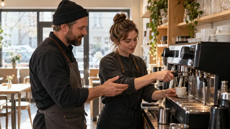Num pequeno café, uma pessoa utiliza uma máquina de café enquanto outra acompanha e explica o funcionamento.