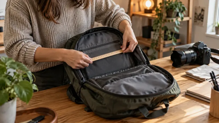 Un comerciant verifică buzunarele, materialul și cusăturile unui rucsac pregătit pentru fotografierea în magazinul online.