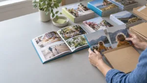 Fotorealistická ilustrácia startupového tímu, ktorý sleduje rast marketingu na mape sveta s viacerými krajinami a fotoknihami na stole
