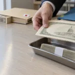 Банкноти в японски йени и американски долари върху бюро, със сградата на Японската централна банка на заден план.