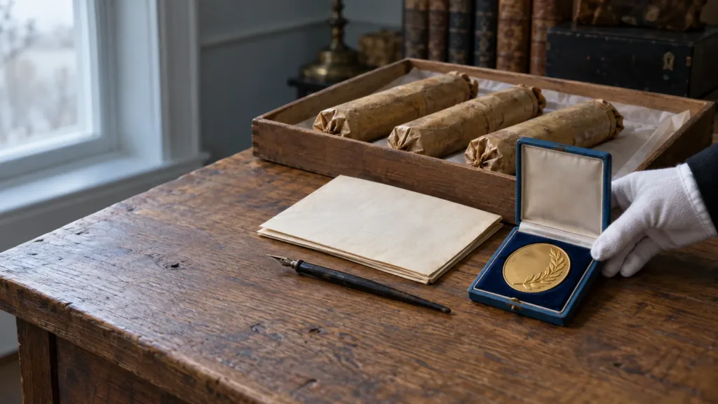 Scrivania d'epoca con documenti, medaglia del premio Nobel e strumenti da laboratorio chimico, a simboleggiare la storia di Alfred Nobel.