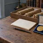 Scrivania d'epoca con documenti, medaglia del premio Nobel e strumenti da laboratorio chimico, a simboleggiare la storia di Alfred Nobel.
