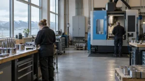 Et datasenter i Norge om kvelden med høyspentmaster og kraftledninger i forgrunnen, som illustrerer striden om strøm til datasenterindustrien.