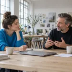 Doi antreprenori discutând despre succes și afaceri într-un podcast, cu microfoane pe masă, în stil editorial fotorealist