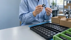 Analitik v umirjeni pisarni preučuje nihanje borznega grafa in zapiske o tveganjih umetne inteligence.