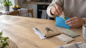 Persona organizando su presupuesto mensual con calculadora y facturas sobre la mesa, representando cómo gestionar tus gastos con un sueldo de 1.500 a 2.000 euros.