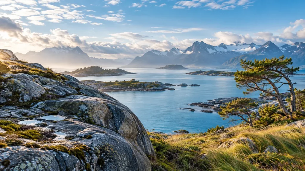 Vindturbiner ved en norsk fjord med et kjernekraftverk skissert i bakgrunnen, som illustrerer debatten om kjernekraft og vindkraft.