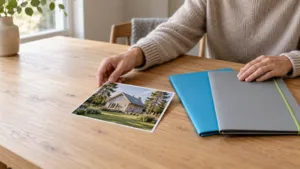 Un jeune entrepreneur examine un portefeuille composé de deux ETF, avec son objectif immobilier représenté à l’arrière-plan.