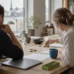 Fotografia editoriale di un confronto informale su educazione finanziaria tra professionisti, seduti in un ambiente simile a un salotto con taccuini e tazze di caffè sul tavolo.