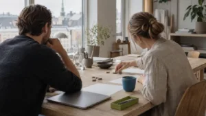 Fotografia editoriale di un confronto informale su educazione finanziaria tra professionisti, seduti in un ambiente simile a un salotto con taccuini e tazze di caffè sul tavolo.