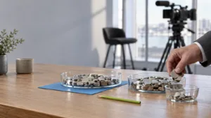 Studio télévisé de finance avec deux écrans comparant un indice ETF stable et un portefeuille de gestion active plus volatil