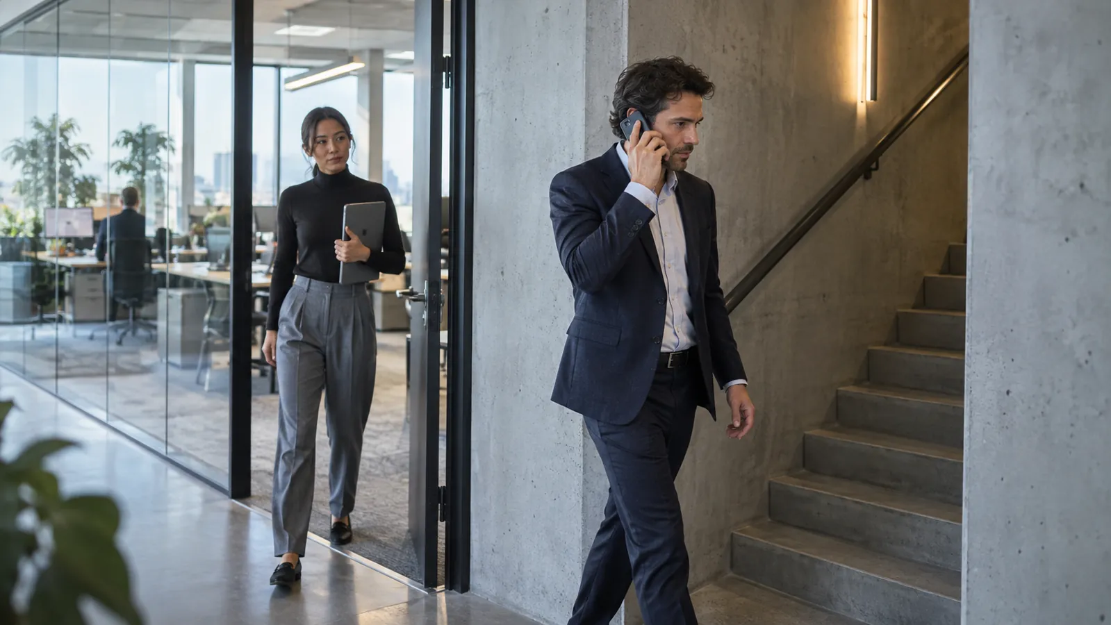 Egy munkatárs telefonhívást próbál ki az üvegfalú iroda és a betonlépcsőház között, kollégája az ajtónál várja.