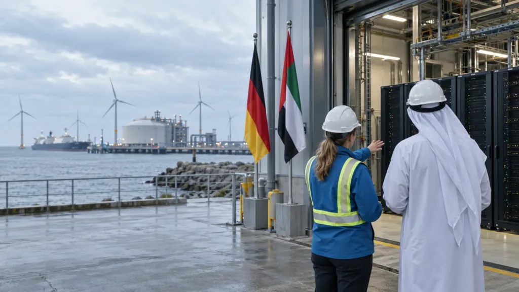 Nowoczesne centrum danych w budowie w Niemczech o zachodzie słońca, w tle morskie turbiny wiatrowe symbolizujące inwestycje Emiratów w niemiecką energetykę i AI