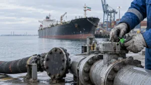Editorial still life with a Gulf map, an oil tanker, bond charts and an autonomous vehicle symbolising geopolitical and financial risk.