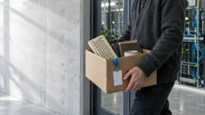 Sedia da ufficio vuota davanti a una scrivania in un campus tecnologico, con un data center sullo sfondo, a simboleggiare l'uscita di un dirigente chiave da un'azienda AI