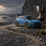 Kaksi tiimin jäsentä tarkastelee reittivihkoa ralliauton vieressä huoltotallissa.