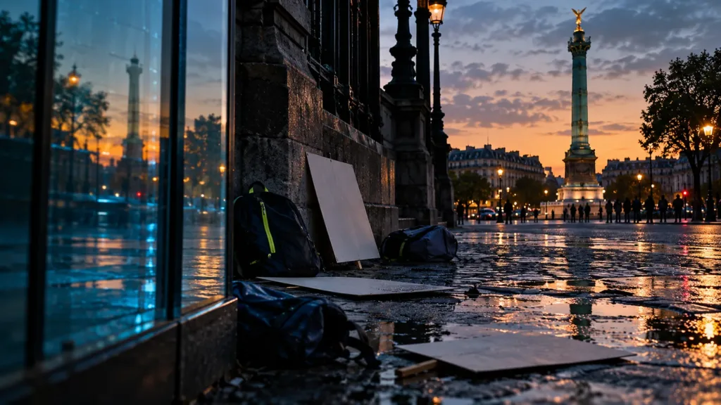 Butiksägare sopar upp glas framför en liten butik med krossat skyltfönster på en gata i Paris efter nattens oroligheter.