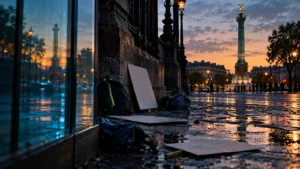 Butiksägare sopar upp glas framför en liten butik med krossat skyltfönster på en gata i Paris efter nattens oroligheter.