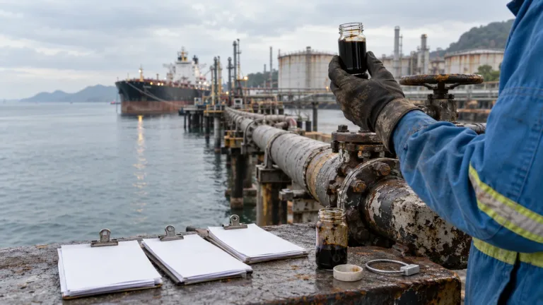 Ilustrație editorială cu un terminal petrolier pe o coastă tropicală, rezervoare, conducte și un petrolier la cheu.