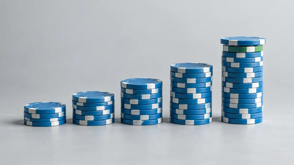 Pokerimerkkejä kannettavan tietokoneen vierellä pörssikäyrän edessä, kuvitus odotusarvoajattelusta sijoittamisessa.