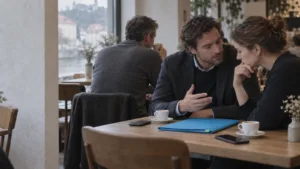 Vodja pred zaupnim sestankom odloži telefon na mizo v mirni sejni sobi.