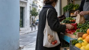 Ιδιοκτήτης μικρής επιχείρησης στην Αθήνα εξετάζει τα έξοδα, με πολυκατοικίες και καθημερινή κίνηση στο βάθος.