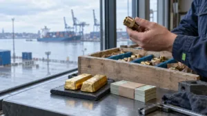 USA dollarit sümboliseeriv rahatäht, kullakang ja intressikõveraga paber Tallinna kontorilaual.